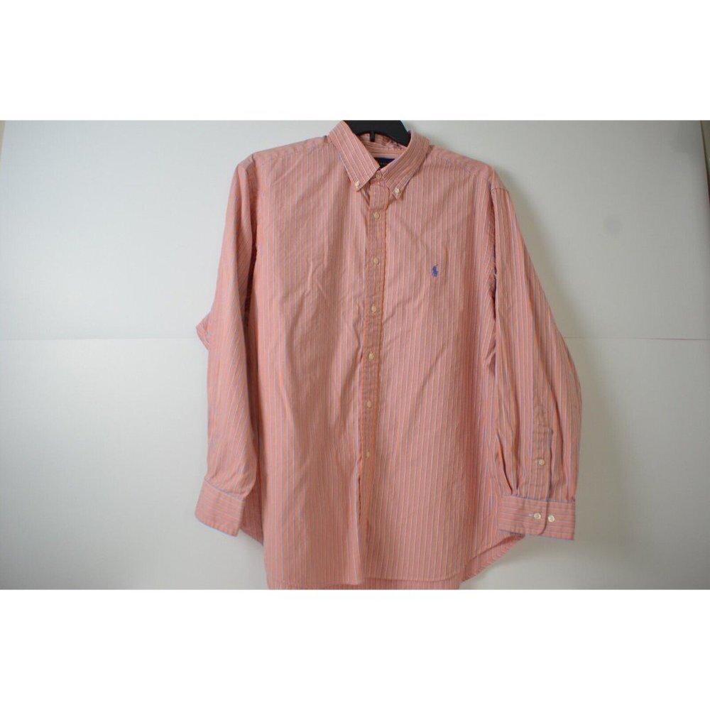 Ralph Lauren Stripe Casual Button-Down Shirt Men SZ 18- 34/35 Coral Melon/Blue‎